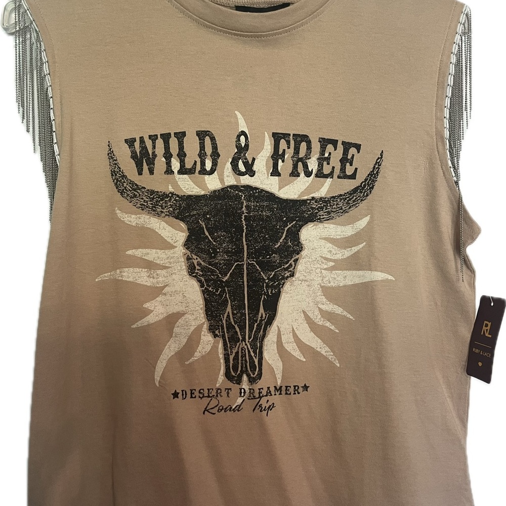 Tan Sleeveless Top with Bull Skull Design and Silver Metallic Fringe